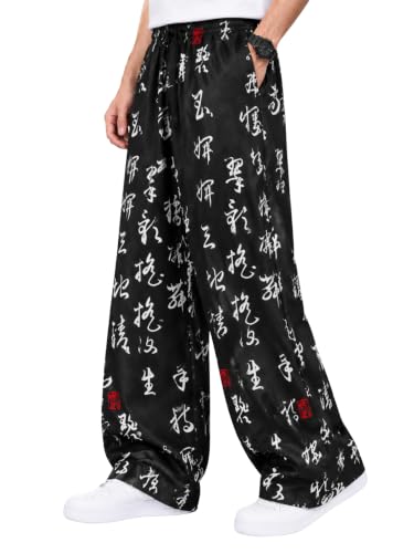Image of Mens Boho Hippie Harem Pants | Black Printed Wide-Leg Trousers | Koren Streetwear Loose Baggy Fit Summer Lounge Yoga Lowers |Trouser Relaxed Fit for Men | Men Drawstring Pants