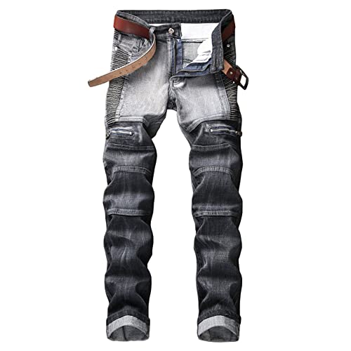 Jeans moto slim pour homme avec genouillères plissées élastiques et protections de hanche