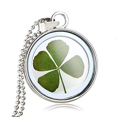 Damen Hals-Kette mit Anhänger und echtem vier-blättrigem Kleeblatt Glücksbringer silber-farben Medaillon Glas handmade Schmuckphantasien Geschenk Muttertag Geburtstag Edelstahl