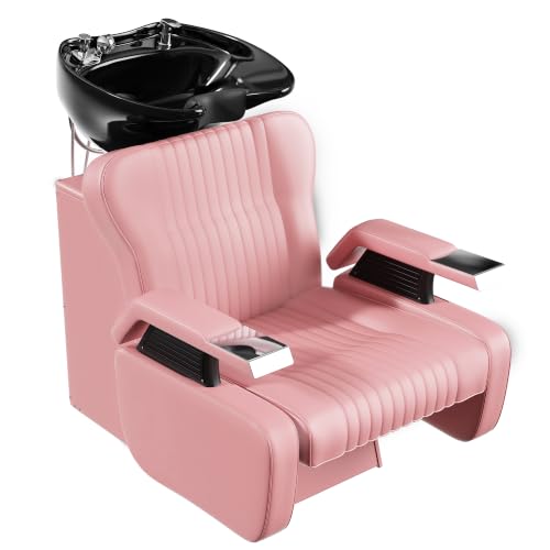 Image of Shampoo Bowl and Chair Set for Salon,Backwash Chair with Adjustable Tilting Porcelain Sink, Salon Hair Washing Station with Ceramic Shampoo Bowl Neck Rest
