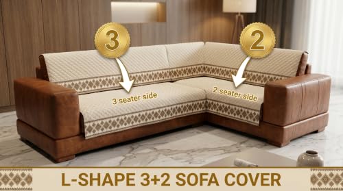 Image of KINGLY L-Shape Sofa Cover 5 Seater 3+2 Velvet Full Cover - Cream Beige | Fully covered quilted velvet slipcover, washable anti-slip furniture protector, L-type corner sofa cover for living room