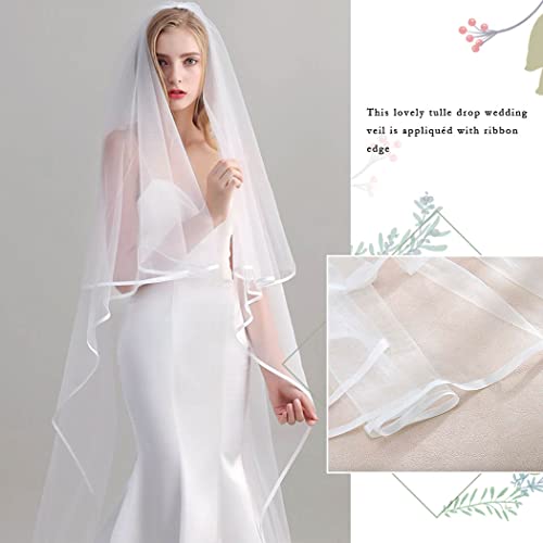 Unsutuo 2 Tiers Bride Wedding Veil Ivory Ribbon Cathedral Veil Bridal Tulle Veil For Women And Girls (Ivory) #TOP3