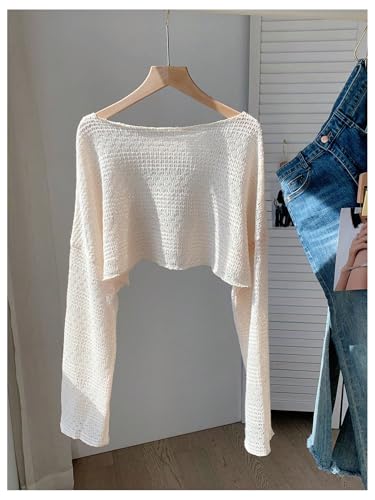 SHENHE Women's Plus Size Shrug Sweater Bell Sleeve Boat Neck Loose Knitted Crop Tops2