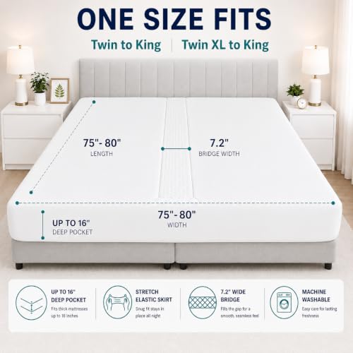 Image of 3-in-1 Split King Gap Filler with Built-in Fitted Sheet, Twin to King Converter, Bed Bridge with Washable Cover, One Size Fits to Twin & Twin XL to King, White, Sheet Strap Set Bonus