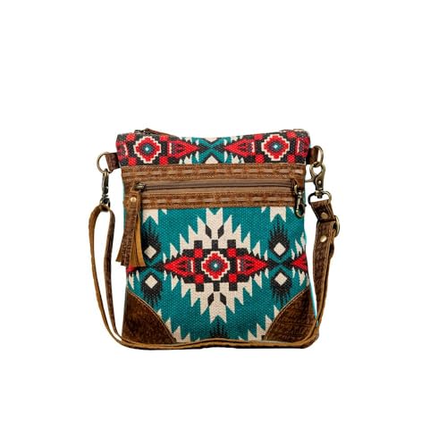 Myra Bag Crossbody Mini Purses - Tribe of the Sun Upcycled Woven Rug Design with Leather Accents, Zippered Pockets, Cellphone Crossbody Purse