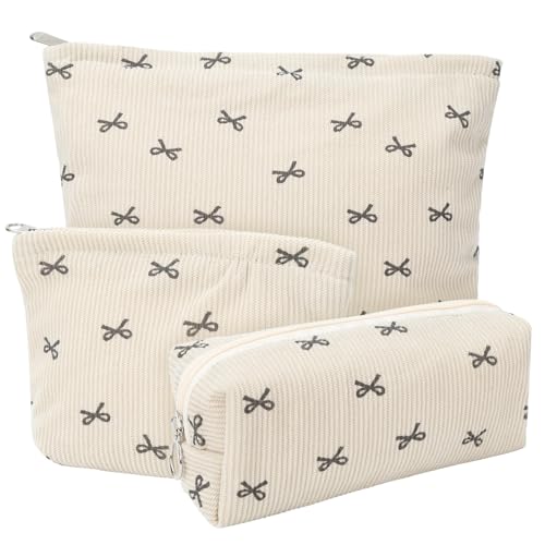3 Stück Cord Kosmetiktasche Set, khakifarbene Kosmetiktasche mit Schleife, Frau Segeltuch Toiletry Bag, Reise-Tragbar Kulturbeutel, Make up Tasche für Mädchen Make up Storage