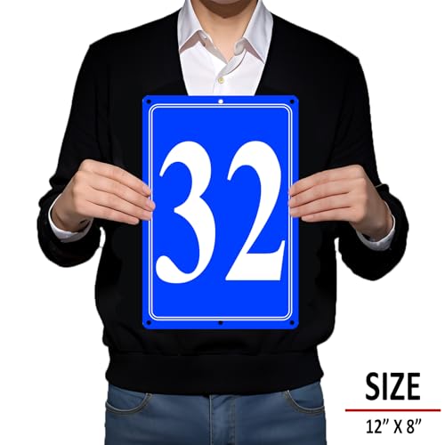 Image of Premium Aluminum Number Signs 32, Metal 12 inch X 8 inch Blue Numbered Signs Outdoor for Parking Lots, Floor, Dock, Court, Aisle, Field, High Visibility, No Fade, Weather-resistant