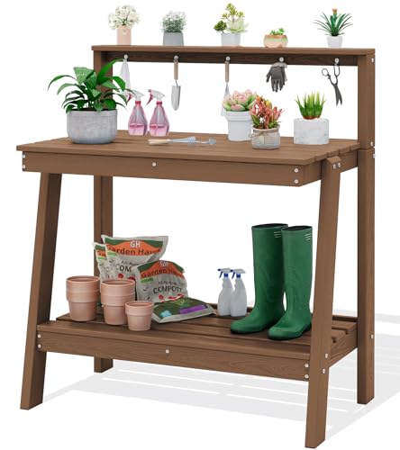 SERWALL Potting Bench Outdoor with Storage, 3-Tier HDPE Gardening...