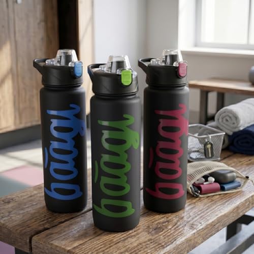 Image of Pack of 3 Matte Black Water Bottles (Pink, Green, Blue) | Leakproof Flip Lid Sports Bottles | BPA Free, Durable Gym & Office Water Bottle Combo