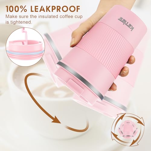 KETIEE Kaffeebecher to go,380ml Thermobecher Kaffee-to-go,Kaffeebecher Thermo,Doppelwandig Reisebecher Travel Mug,Vakuum Isolierbecher mit auslaufsicherem Deckel für Kaffee und Tee,Rosa 4