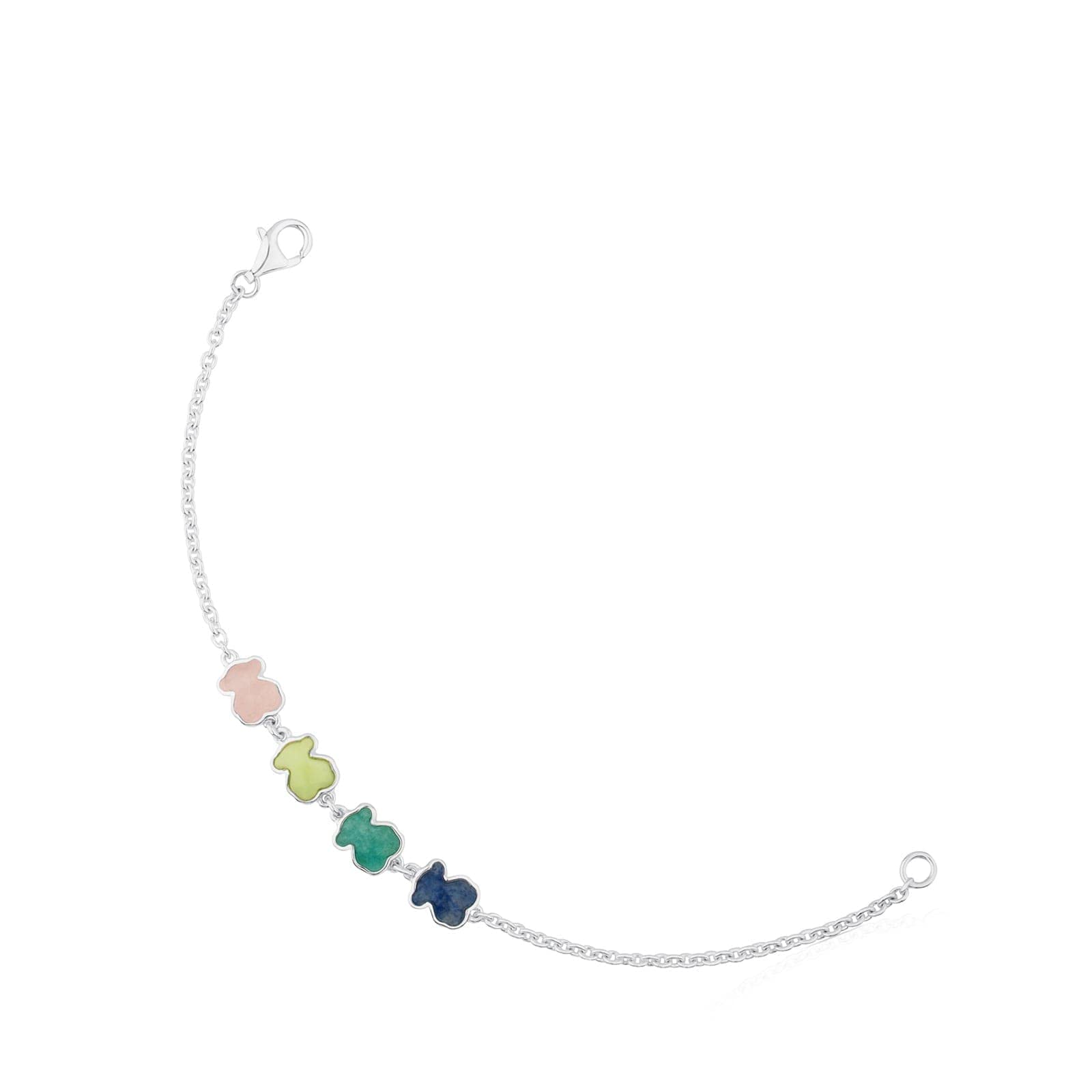 TOUS Pulsera de Plata de Primera Ley para Mujer con Motivo de Oso de 4 Gemas Multicolor, 17,5 cm de Largo, Elegante y Única, Colección Color