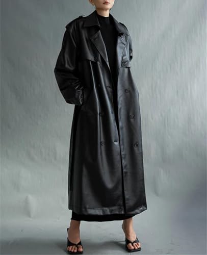 Trench long femme similicuir boutonné avec ceinture ajustable ajustée - 2