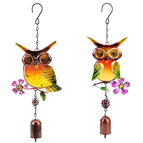 Metal Owl Room Art Decor, Globalstore Colorful Owl 3D Indoor Outdoor Sculpture Iron, Hand-Made Owl Ornaments Hanging Decor With Bells, Owl Iron Wind Chimes For Living Room Bedroom Patio Garden, 2 Pack #TOP12