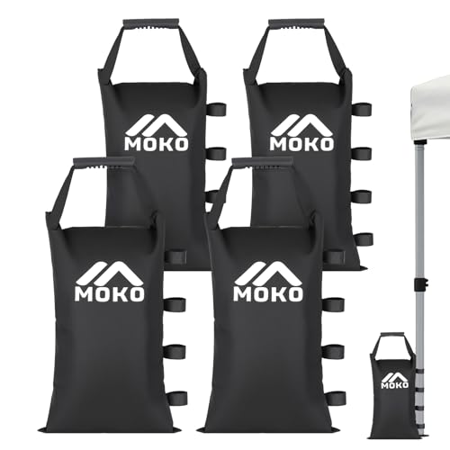 MoKo 120 LBS Sand Bags for Canopy Legs (Set of 4, Without Sand), Weighted Bags with Handle & Fixing Strap, Windproof & Portable to Secure Tent, Canopies, Zipper Top Sandbags for Weight, Black