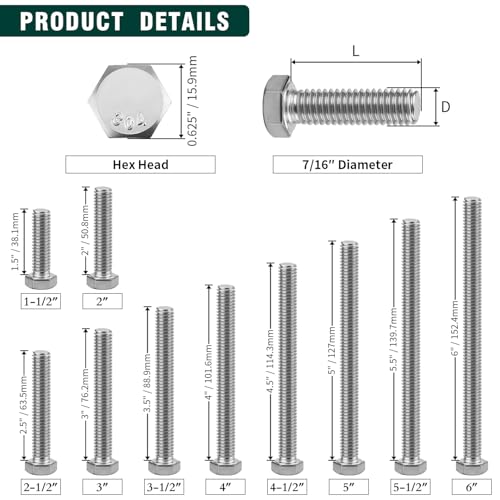 Image of (4 Sets) 7 /16-14 x 6 inch Hex Bolt and Nut Kit, 304 Stainless Steel (18-8), Fully Threaded, Flat & Lock Washers Included