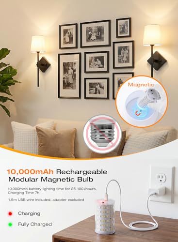 Image of CLOUDY BAY 10000mAh Battery Operated Wall Sconces,Up to 100 Hours with Rechargeable RGB Dimmable Magnetic Bulb,Cordless Wall Lighting Fixtures with Remote for Bedroom,Black,2 Pack-18in
