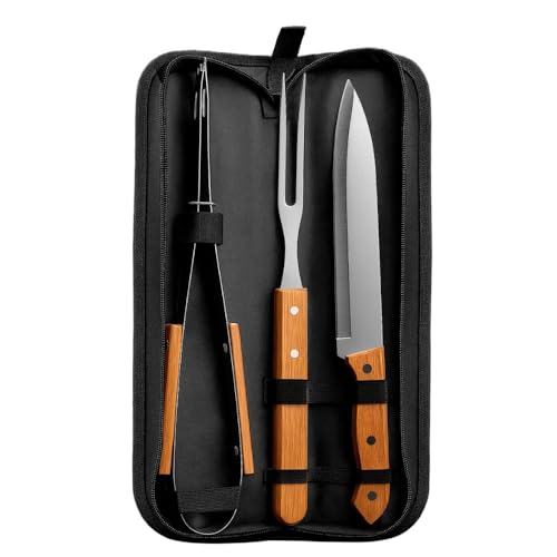 Kit de Churrasco para Churasqueiro - Conjunto 3 Peças em Aço Inox com Cabo De Madeira - Faca, Garfo e Pegador com Estojo Premium - Ideal para Camping e Viagens - Portátil e Resistente