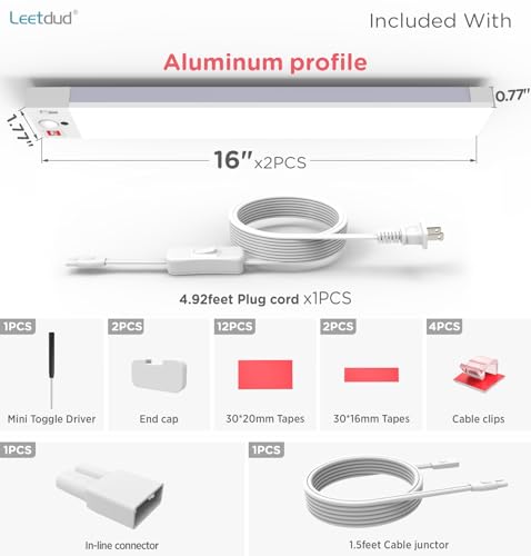 Image of Leetdud Under Cabinet Lighting Plug in 16 Inch, 120V Motion Sensor Lights Indoor, 3CCT 3000 /4000 /5000K, Aluminum Linkable Super Bright LED Counter Light with Timer for Kitchen, Closet, White, 2 Pack