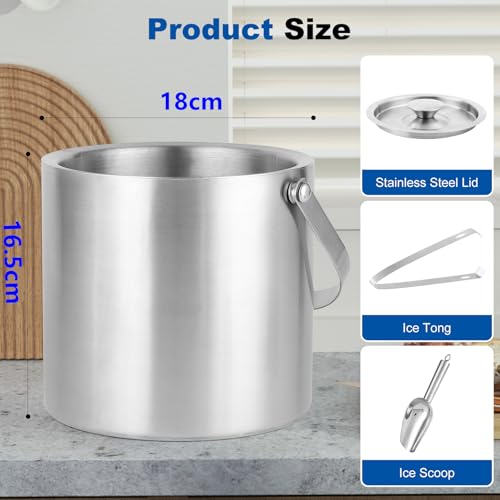3L Stainless Steel Ice Bucket - Double Wall Insulated for Longer Lasting Ice. Ideal for Champagne, Wine, Cocktails. Includes Lid,Tongs and Scoop - Image 5