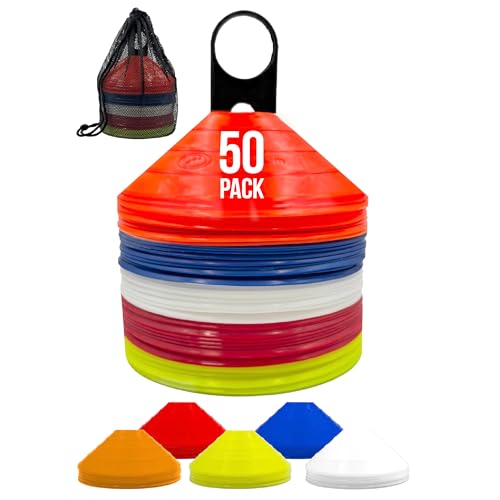 Optimum Marker Training Cones Pack of 50, Highly-Visible, Durable & Flexible Sports Cones with Carry Stand for Multi-Sport Drills Including Football, Rugby, Hockey, Cricket, Gym & Dog Training & More