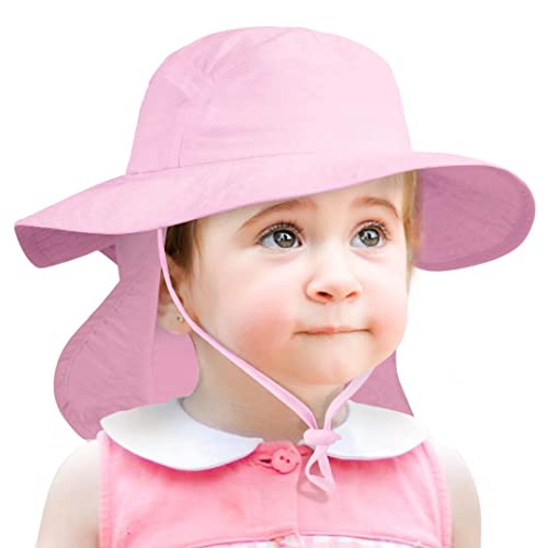 Image of Baby Bucket Fishing Sun Hat - UPF 50+ Wide Brim Sun Protection Hats, Adjustable Fishing Cap with Neck Flap & Chin Strap for Kids Toddler Infant Pink