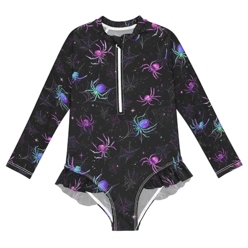ALAZA Colorful Spider Web Halloween Girls One Piece Swimsuit Long Sleeve Rash Guard Swimsuits UV 50+ Swimwear Zipper