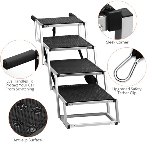 QWORK® 4-Stufen Klappbar Hundetreppe Auto, Anti-Rutsch Einstiegshilfe Auto für Kleine & Große Hunde - Höhenverstellbar 64cm, bis 80kg Belastbar