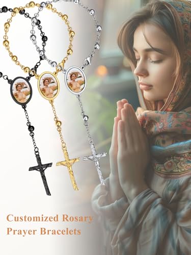 Custom4U Personalized Rosary Bracelets for Women Men Custom Rosary with Picture Crucifix Cross Charm Beaded Bracelets Photo Rosaries Stainless Steel/Wooden Prayer Gifts (with Gift Box)4