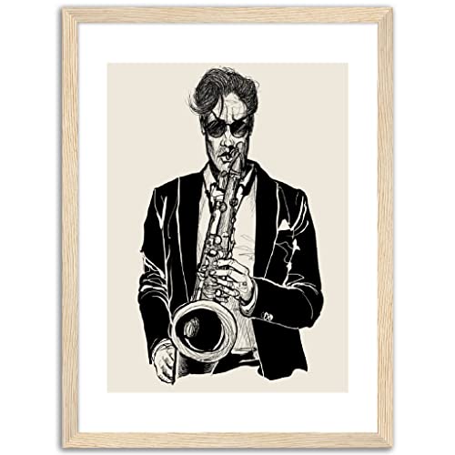 Art mural musical saxophoniste cadre en bois 30x40cm