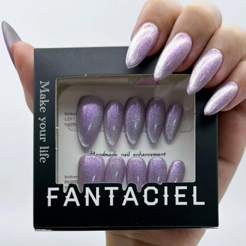 FANTACIEL 10 PCS Handemade Press On Nails Cat Eye Design Acrylic Nails Reusable Almond Fake Nails Wistaria Almond M