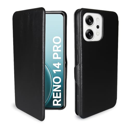 Image of Premium Vegan Leather Phone Cover with Card Slot - Slim, Durable, Privacy Protection, Kickstand Function, Elegant Flip Wallet Cases Compatible for Oppo Reno 14 Pro 5G (Black)