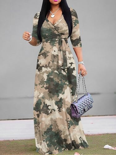 Image of Plus Size Dresses for Women Print Maxi Dresses 3 /4 Sleeve with Belt