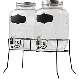 B4E Double 4L Vintage Glass Drinks Dispenser with Taps and Metal Stand | Perfect for Parties/Weddings/Birthdays/Holidays/Reunions/Mitzvahs | Orange Juice Dispenser, Tea and Lemonade Dispenser