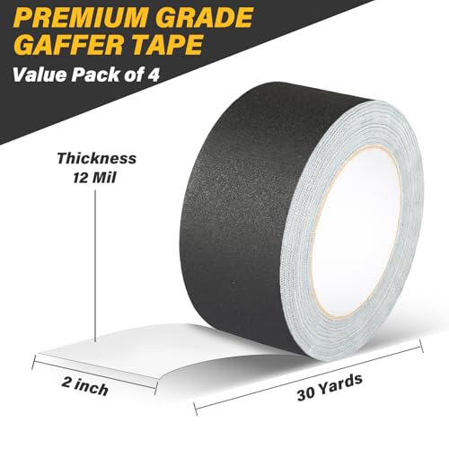 Image of GEYYANG Gaffers Tape 2 Inch x 30 Yards,4 Pack Professional Grade Black Gaffer Tape - Non-Reflective Easy Tear, Waterproof Matte Gaff Cloth Tape for Photography,Filming Backdrop,Stage Setup