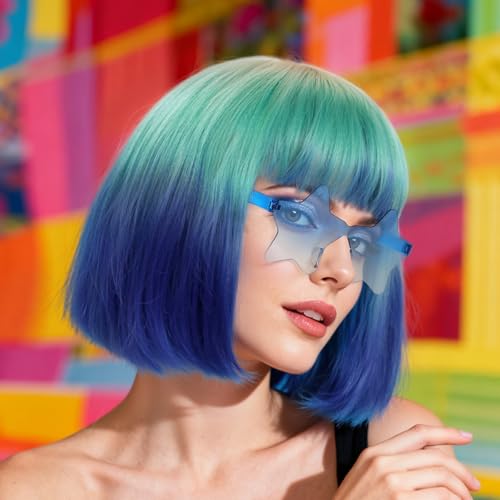 Image of ANOGOL Hair Cap + (Sunglasses) Teal to Blue Bob Wig with Bangs Womens Party Wigs with Star-Shaped Glasses Short Neon Wig Daily Party Fun Wigs Women Halloween Costume Bachelorette Hair