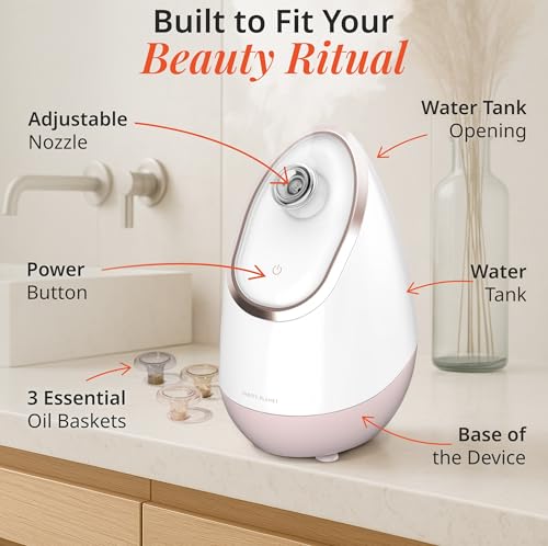 Image of Vanity Planet Aira Ionic Facial Steamer (Rose Gold) - Pore Cleaner that Detoxifies, Cleanses and Moisturizes - Adjustable Nozzle, Water Tank with 3 Essential Oil Baskets