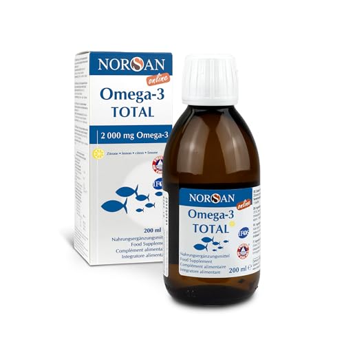 NORSAN TOTAL Zitrone Online Premium Omega 3-200ml Fischöl hochdosiert mit 2.000mg Omega 3 pro Portion - Omega Öl mit EPA & DHA - Premium Öl mit 800 IE Vitamin D3