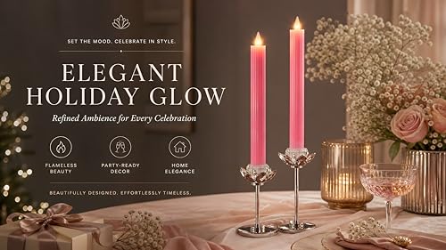Image of Flameless Taper Candles Flickering with Remote and Timer, 3D Moving Flame Taper Candle Battery Operated to 400 Hours, 9 Inch Window Candles, (Pink-Vertical Stripes)