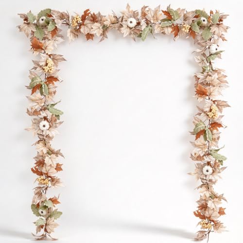 DearHouse Fall Maple Leaf Garland, 5.9Ft Hanging Vine Artificial Autumn Foliage for Thanksgiving, Home, Wedding, Fireplace, Party, Christmas Decor (White)