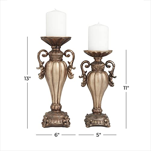 Deco 79 Polystone Scroll Pillar Candle Holder, Set Of 2 13", 11" H, Brass #TOP2