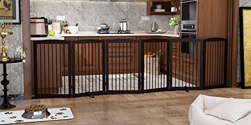 PUPETPO Freestanding Pet Gate for Dogs, Indoor Wooden Foldable Dog Gate for House, Extra Wide, Pet Fence for Stairs, Doorways, Halls, Support Feet Included, 120 Inch Wide, 6 Panels 32",Brown