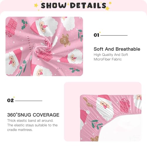 Image of Christmas Santa Cute Pink Crib Sheets Soft Breathable Fitted Baby Crib Sheets Mattress Cover for Girl Boys, 52 inch x 28 inch x 9 inch