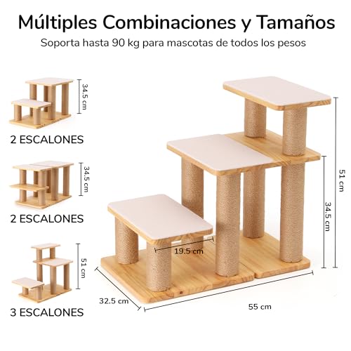 Escalera para perros de madera de pino y yute FUKUMARU con soporte robusto de hasta 90 kg 7