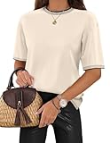 Zeagoo Women 2025 Summer Cropped Sweater Crew Neck Casual Short Sleeve Color Block Loose Pullover Rib Knit Blouse Tops