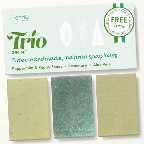 Friendly Soap Natural Soap Bar 3 Pack – Moisturising Hand & Body Soap - Peppermint & Poppy Seeds, Rosemary, Aloe Vera Handmade Soap Bars – Plastic Free Eco Friendly Skincare Soap - 3 x 95g