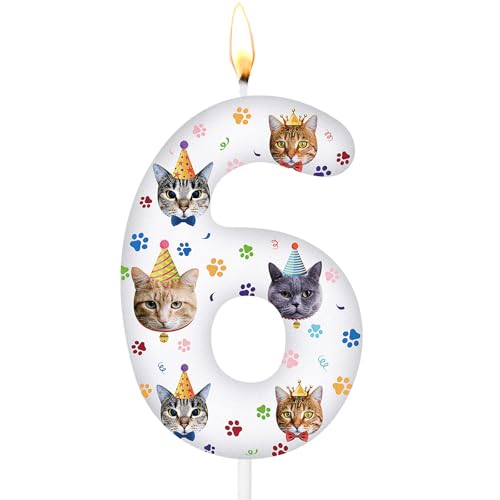 Conelist Cat Birthday Number Candles Cat Paw Print Themed Birthday Candles Paw Print Numeral Cupcake Topper for Cake Kitten Pet Theme Decorations Party Supplies(Number 6)
