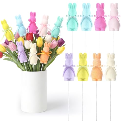 Thyle 10.6 Easter Flocked Bunnies Picks Faux Foam Floral Picks Decorative Pastel Speckled Stems 8 Pcs Floral Pick for Spring Easter Basket Bouquets Flower Arrangement Centerpiece Wreath