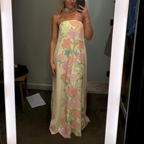Image of Women Floral Print Maxi Tube Dress Strapless Flowy Long Bandeau Dress Y2K Open Back Sundress Summer Beachwear