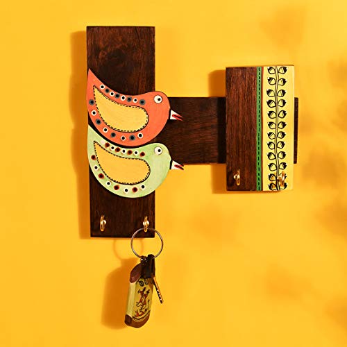 Image of AAKRITI ART CREATIONS Key Holder, Handcrafted Tribal Art Bird Theme Key Hanger | Rustic Wood Wall Organizer with 4 Hooks | New Home Gifts | Multifunctional Entryway Decor Item