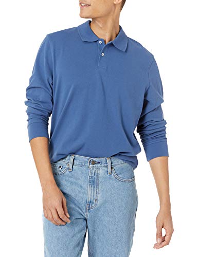 Amazon Essentials Polo en Piqué à Manches Longues, Coupe Ajustée Homme, Bleu, M